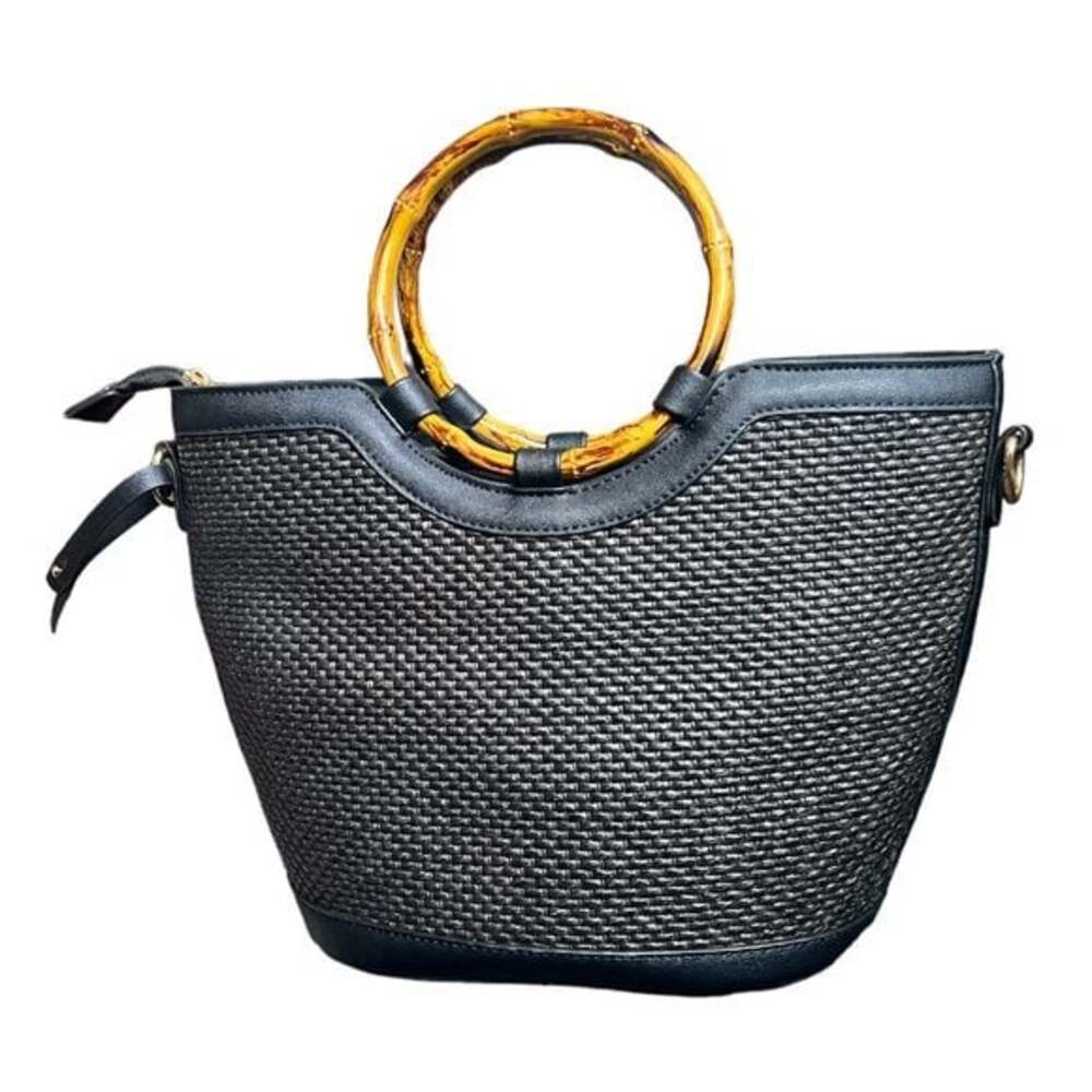 👜 Black Woven Bag with Bamboo Inspired Handles